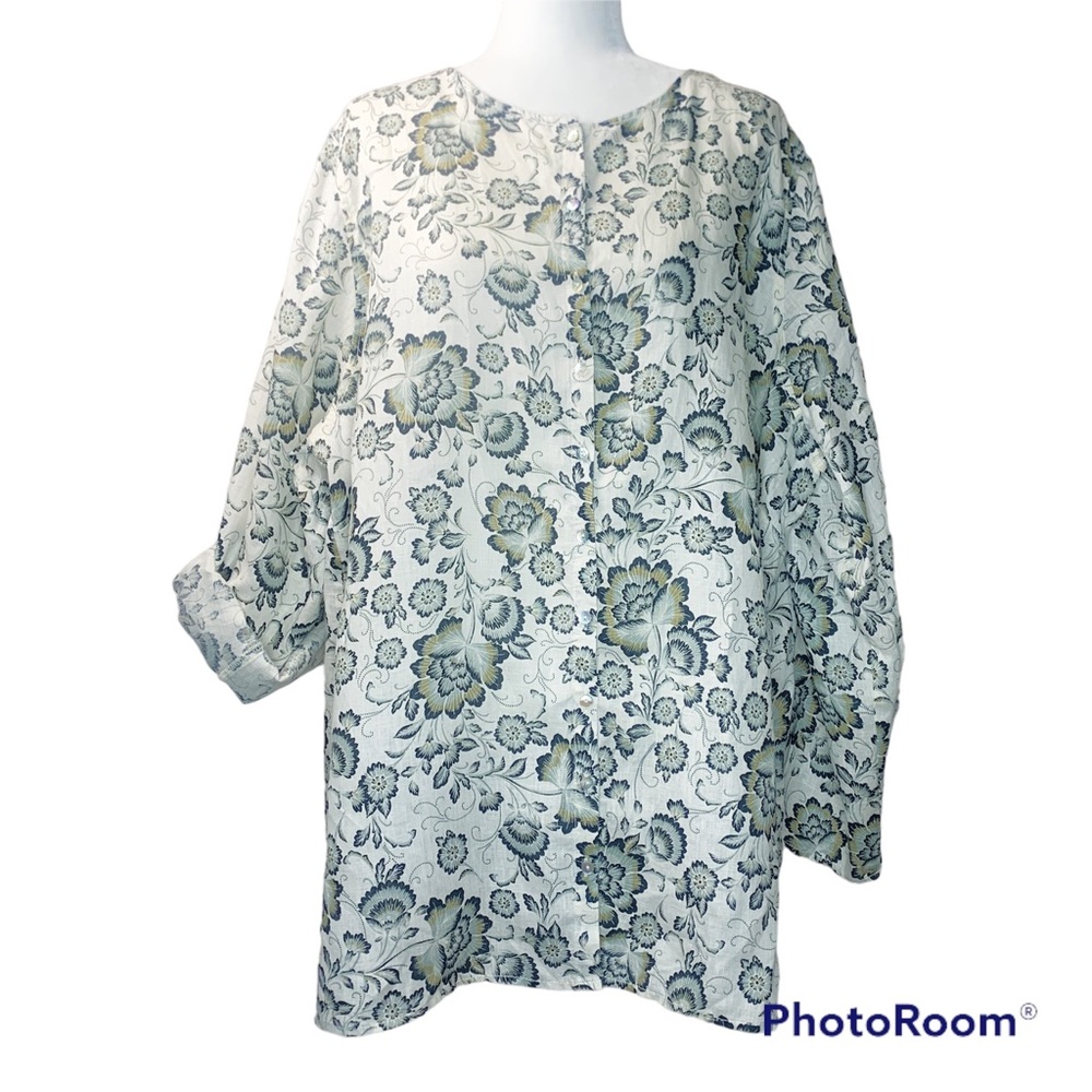 Tahari Linen Blouse 3X Lagenlook Coastal Summer